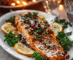Festive Christmas salmon dish garnished with herbs, perfect for holiday celebration.