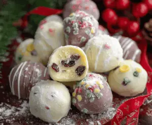 Delicious homemade Christmas truffles featuring festive red and green chocolate coatings.