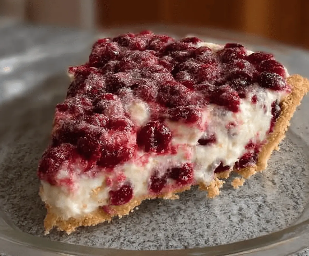 Delicious cranberry cheesecake pie with a golden crust and fresh cranberries on top.