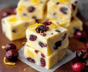 Creamy cranberry orange fudge garnished with fresh cranberries and orange zest on a decorative plate.
