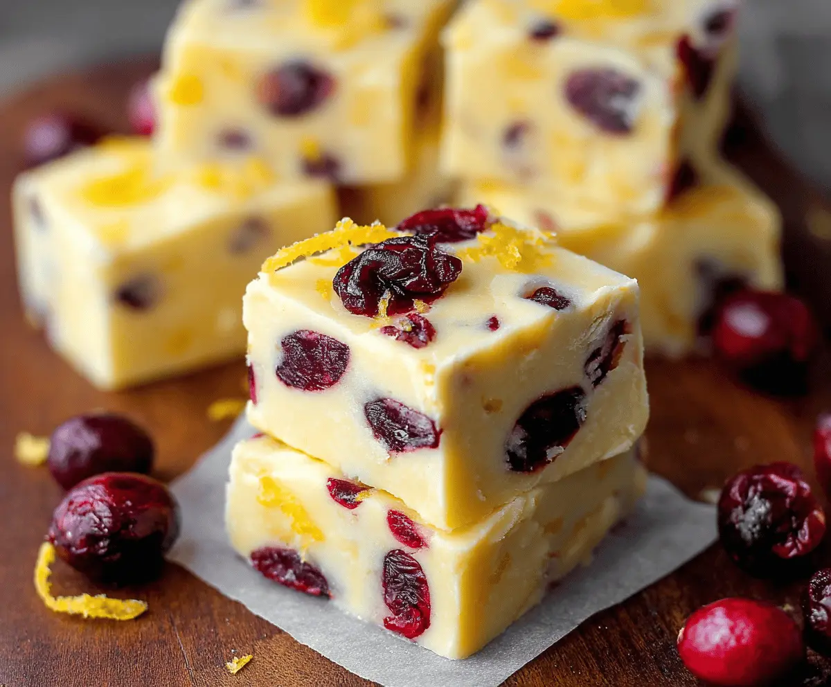 Creamy cranberry orange fudge garnished with fresh cranberries and orange zest on a decorative plate.