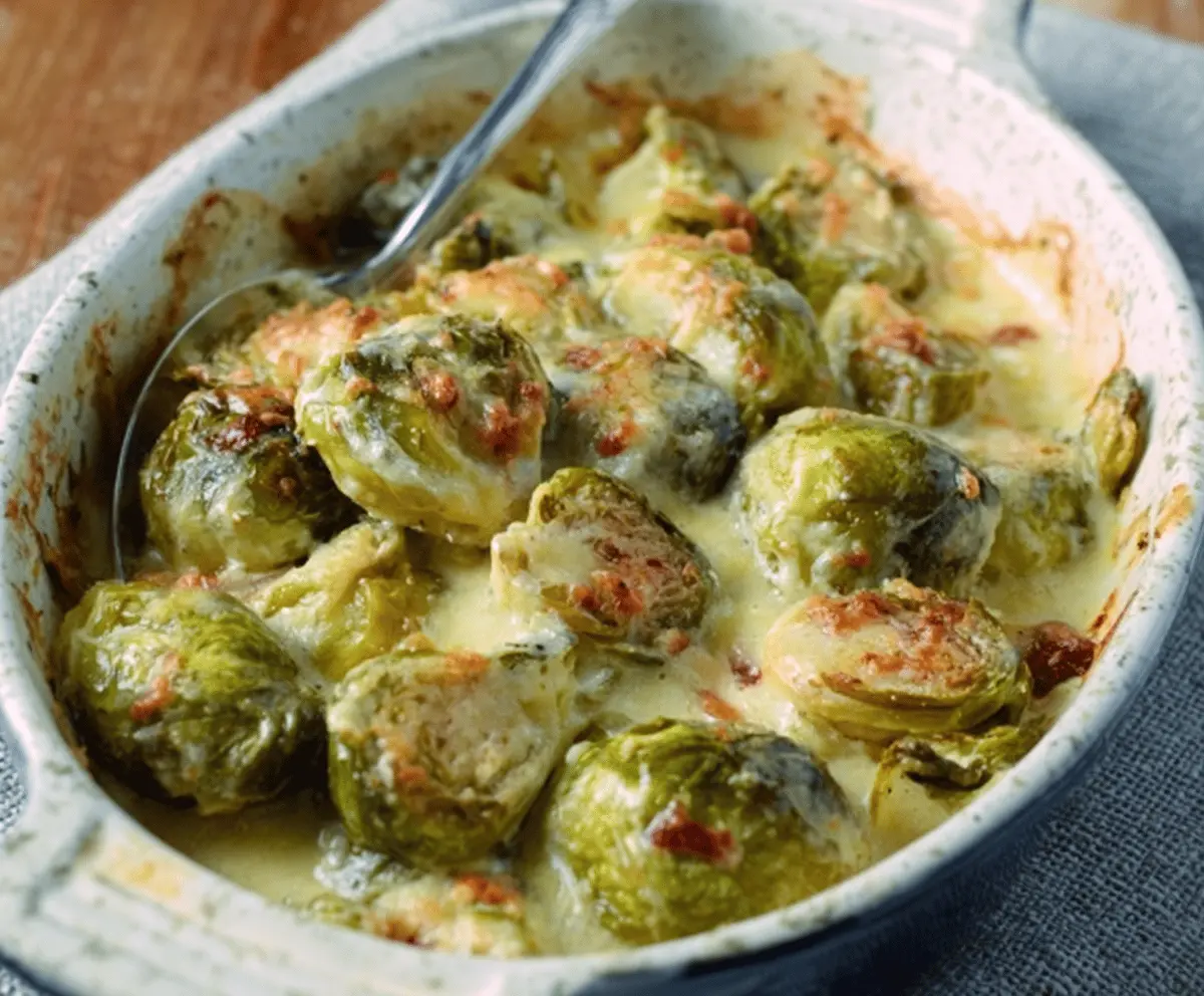 Delicious creamy baked Brussels sprouts garnished with herbs on a white plate.