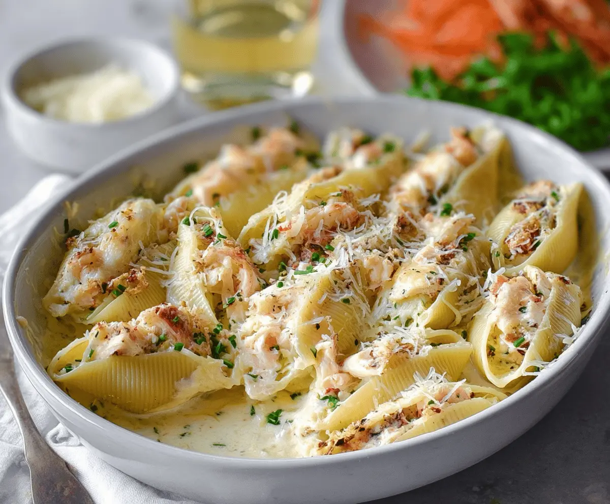 Delicious Creamy Seafood Stuffed Shells topped with melted cheese and fresh herbs.