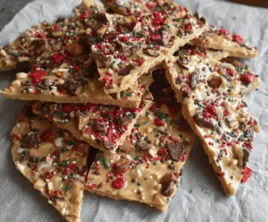 Delicious Crispy Protein Christmas Bark with festive toppings and a crunchy texture.