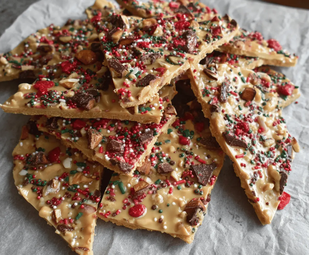 Delicious Crispy Protein Christmas Bark with festive toppings and a crunchy texture.