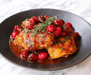 A plate of tender cranberry chicken cooked in a slow cooker, garnished with fresh herbs.