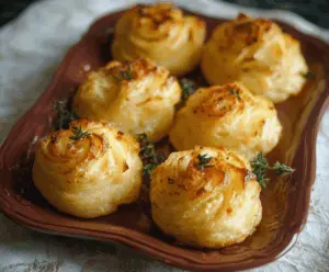 Creamy Duchess Potatoes garnished with herbs on a elegant plate