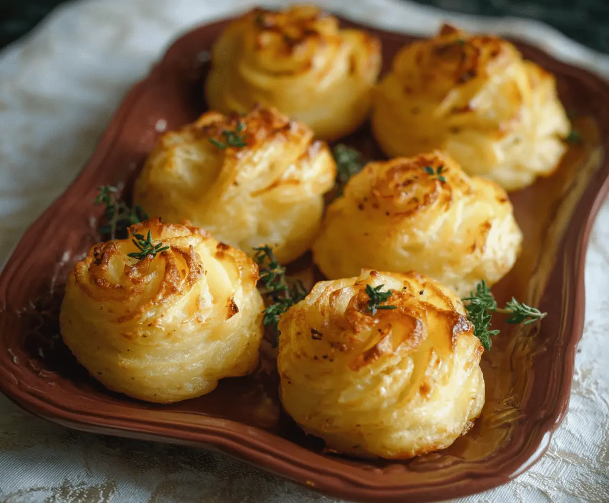 Creamy Duchess Potatoes garnished with herbs on a elegant plate