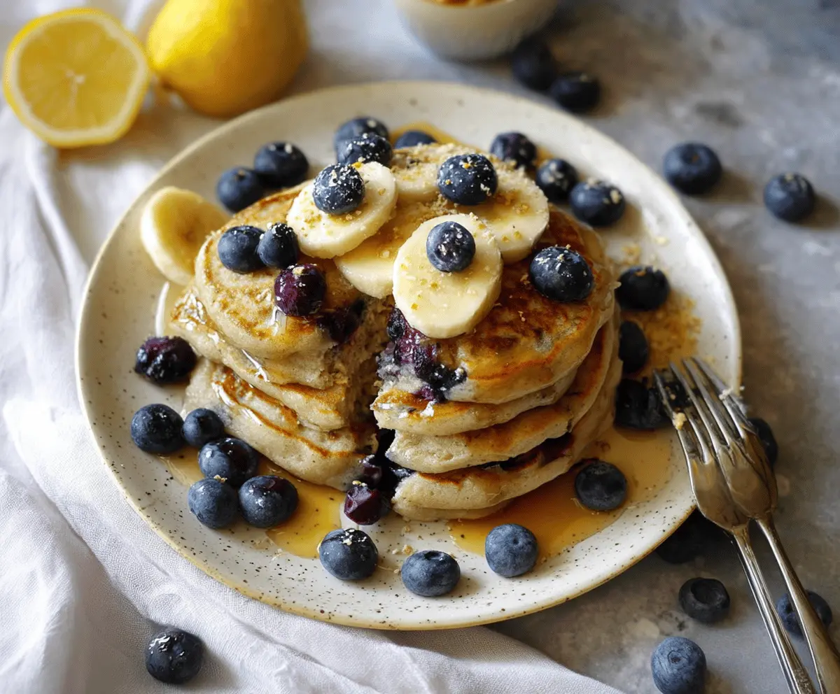 Delicious fluffy vegan blueberry pancakes stacked on a plate, topped with fresh blueberries and syrup.