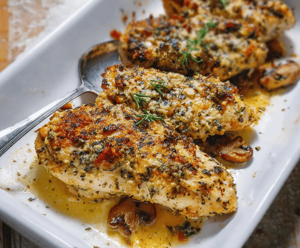 Delicious garlic parmesan chicken bake with melted cheese and herbs on a serving platter.