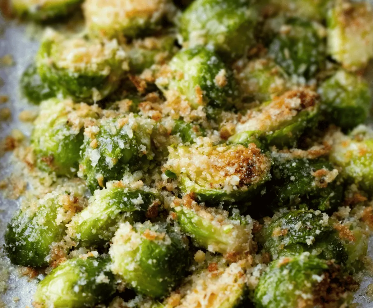 Bowl of crispy Garlic Parmesan Roasted Brussels Sprouts garnished with fresh herbs.