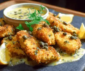 Crispy golden chicken nuggies served with zesty lemon piccata sauce on a white plate.