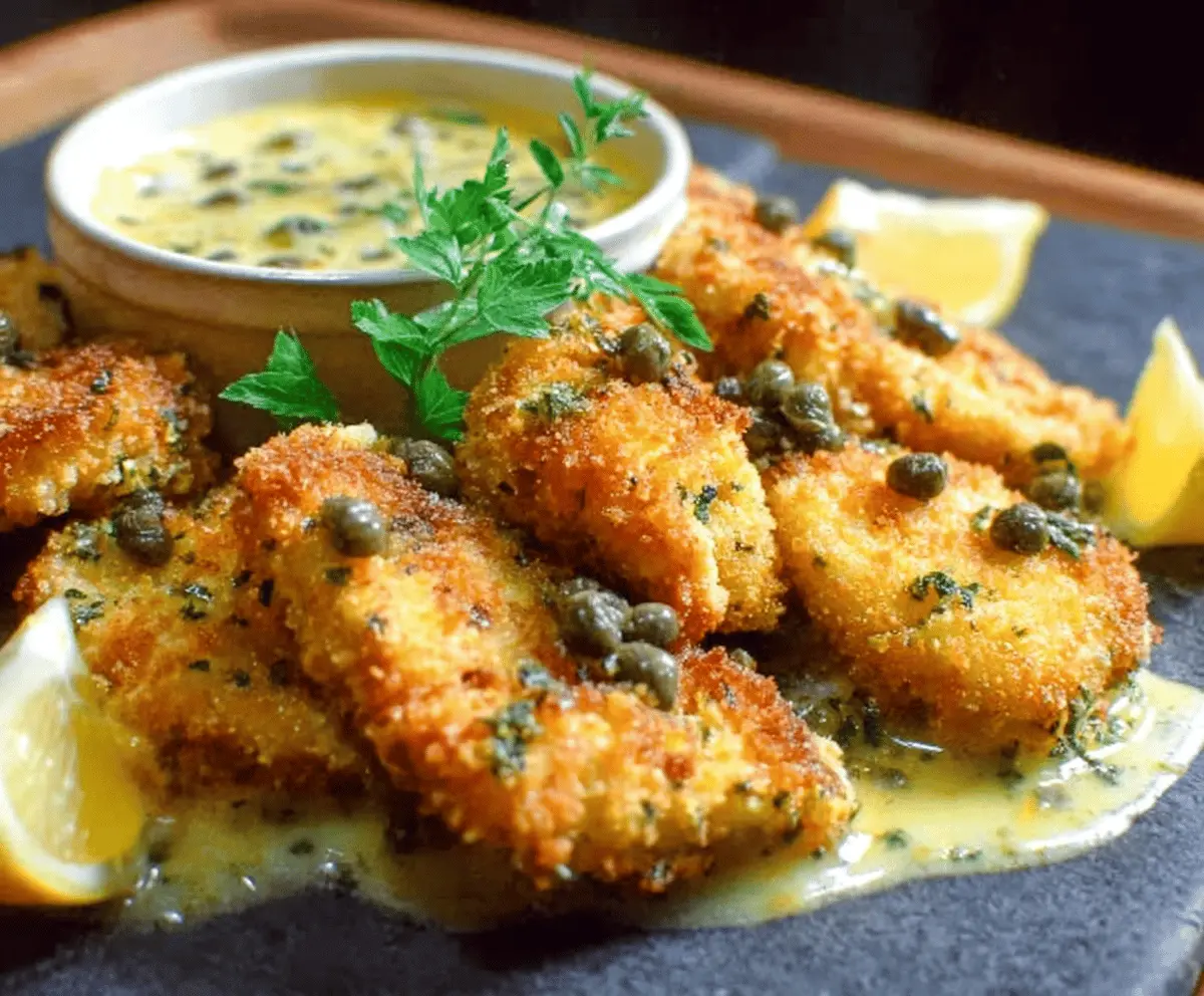 Crispy golden chicken nuggies served with zesty lemon piccata sauce on a white plate.