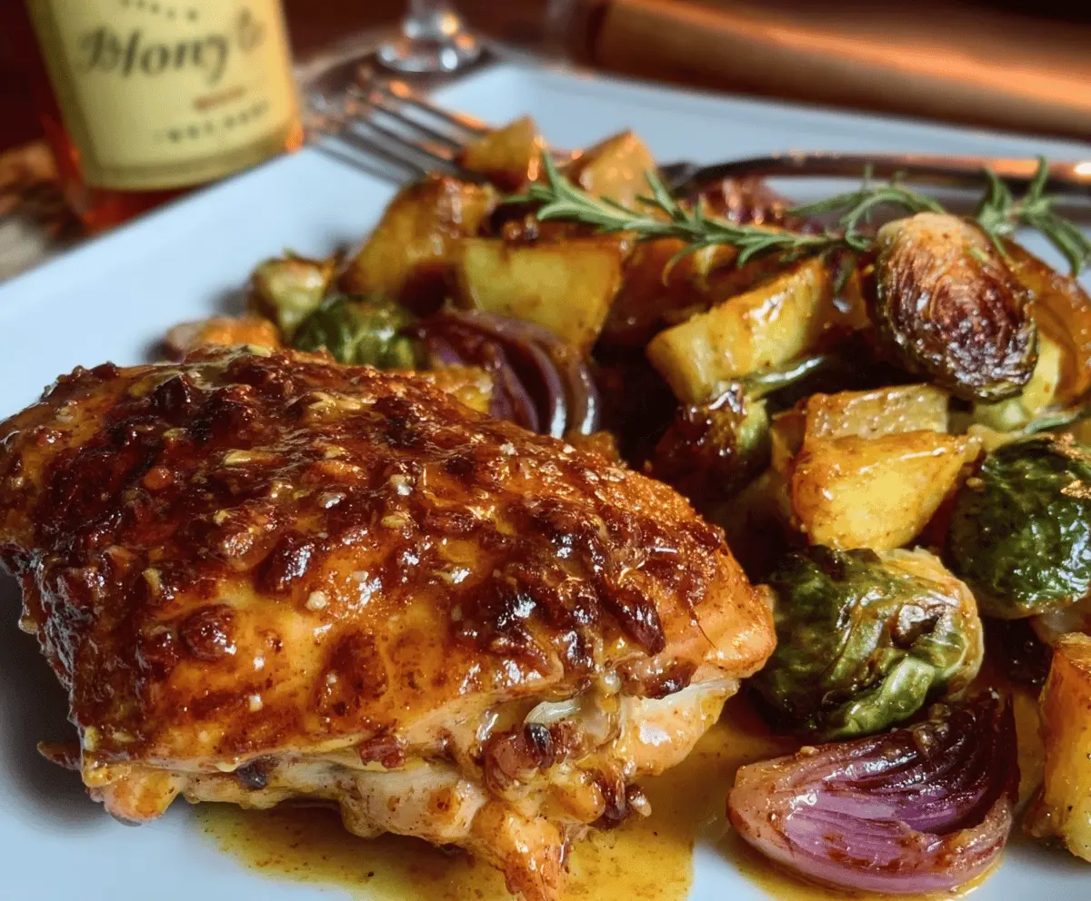 Juicy Harvest Honey Mustard Chicken served with fresh greens and vibrant vegetables.