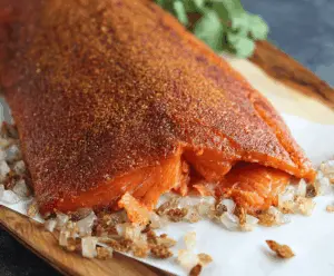 Delicious hot smoked salmon fillet with a flavorful brown sugar spice rub, perfect for a mouthwatering seafood dish.