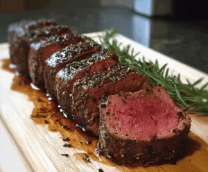 Juicy Million Dollar Roast Beef Tenderloin served with herbs and vegetables for an elegant dinner.