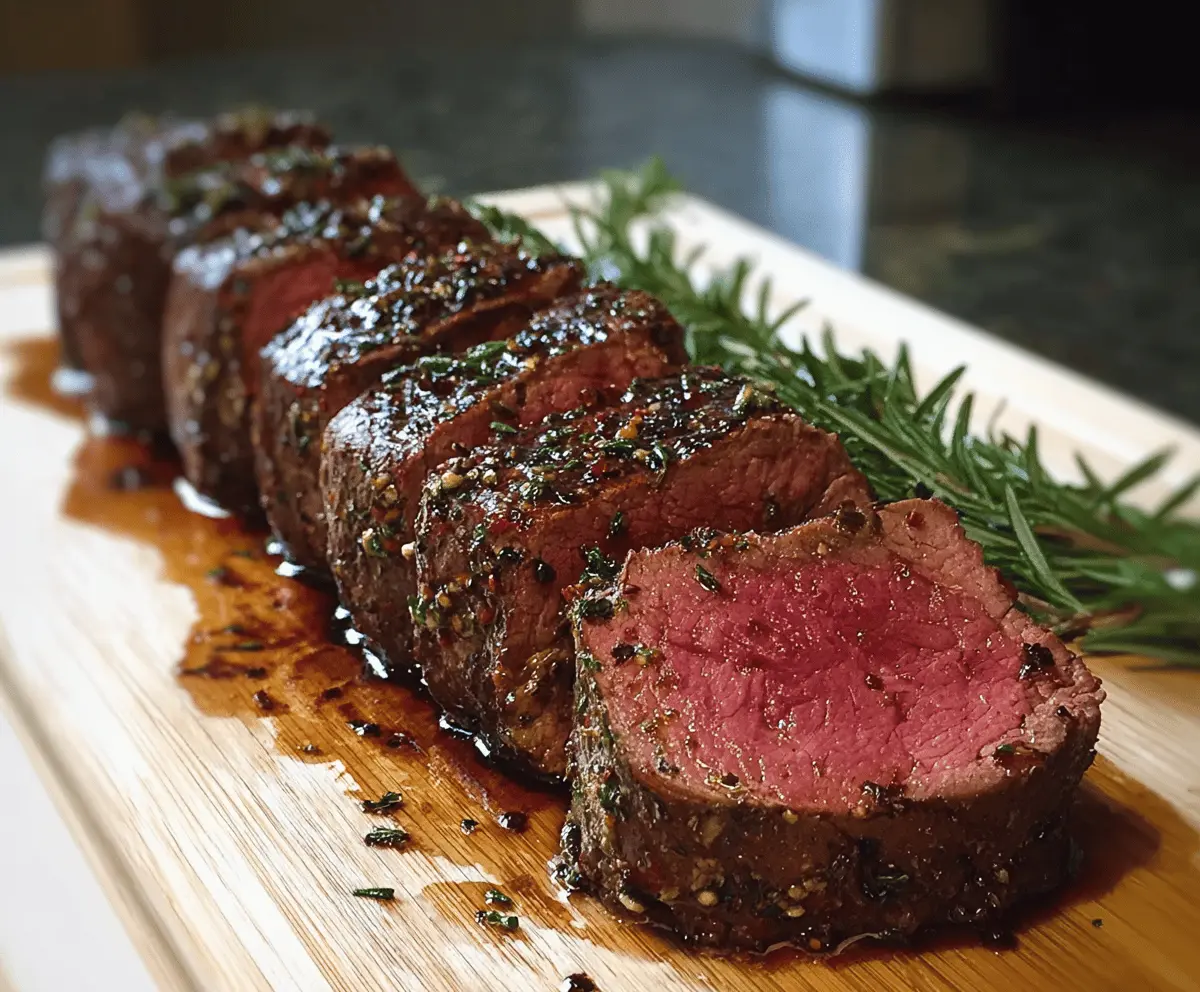 Juicy Million Dollar Roast Beef Tenderloin served with herbs and vegetables for an elegant dinner.