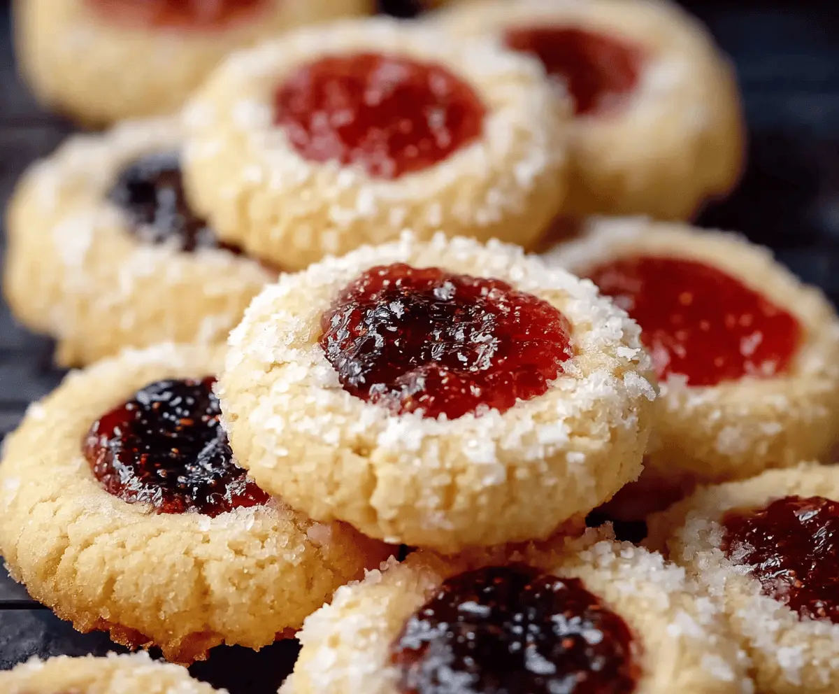 Delicious homemade Jam Thumbprint Cookies shown on a plate with colorful fruit jam filling