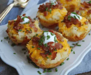 Delicious loaded mashed potato cups with cheese, bacon, and green onions on a white plate.