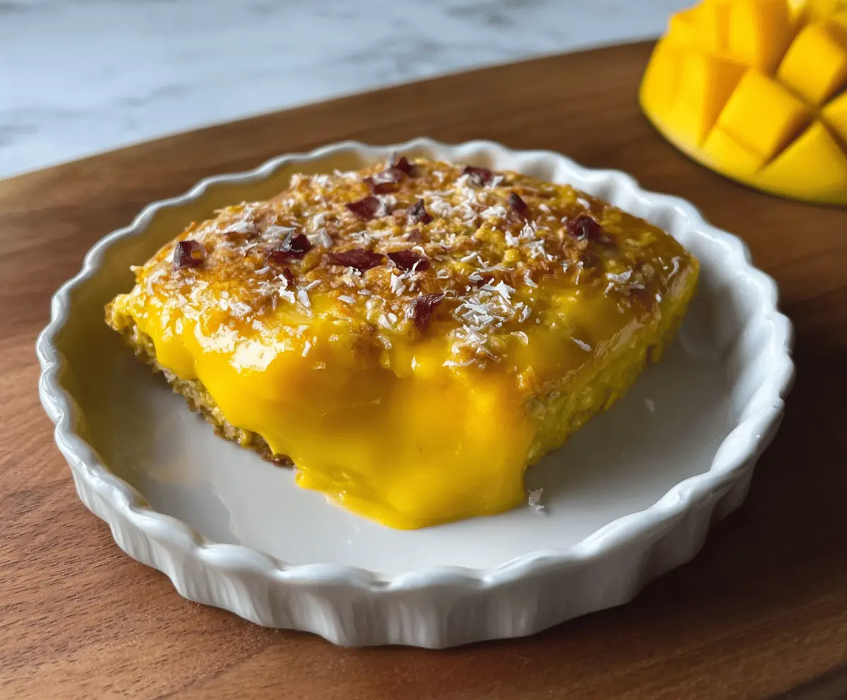 Delicious Mango Coconut Baked Oats served with fresh mango slices and shredded coconut for a nutritious breakfast.