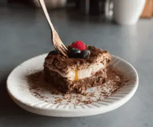 Delicious Mocha Tiramisu Baked Oats served on a plate with cocoa powder and coffee beans.