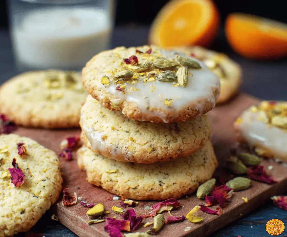 Delicious orange cardamom cookies with a golden-brown crust on a rustic plate.