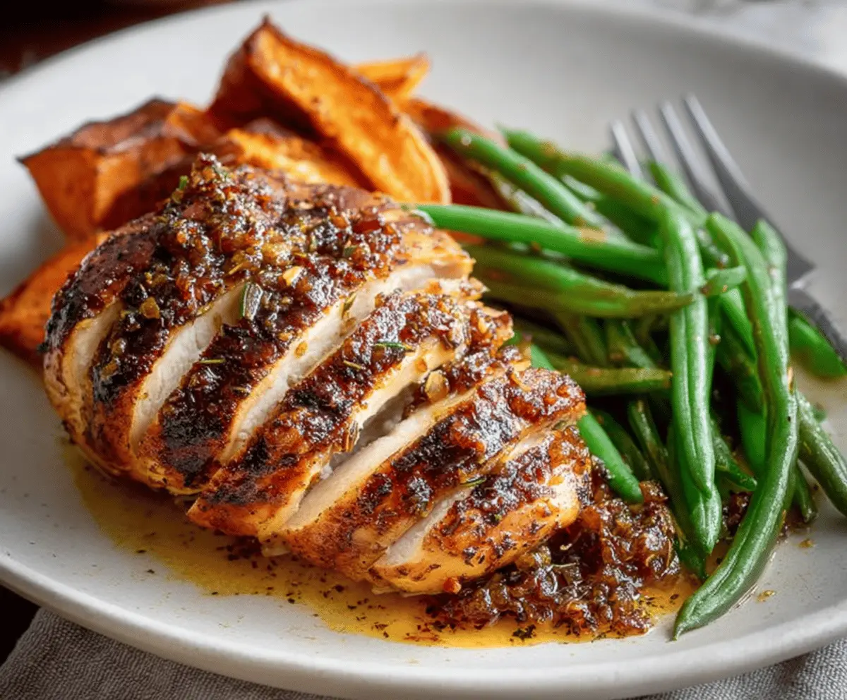 Pan-Roasted Orange Mustard Turkey Breast with Sweet Potatoes and Green Beans