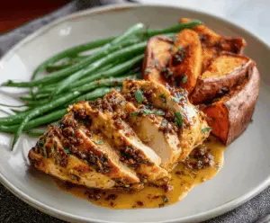 Delicious Pan-Roasted Orange Mustard Turkey Breast served with Sweet Potatoes and Green Beans, perfect for a healthy meal.