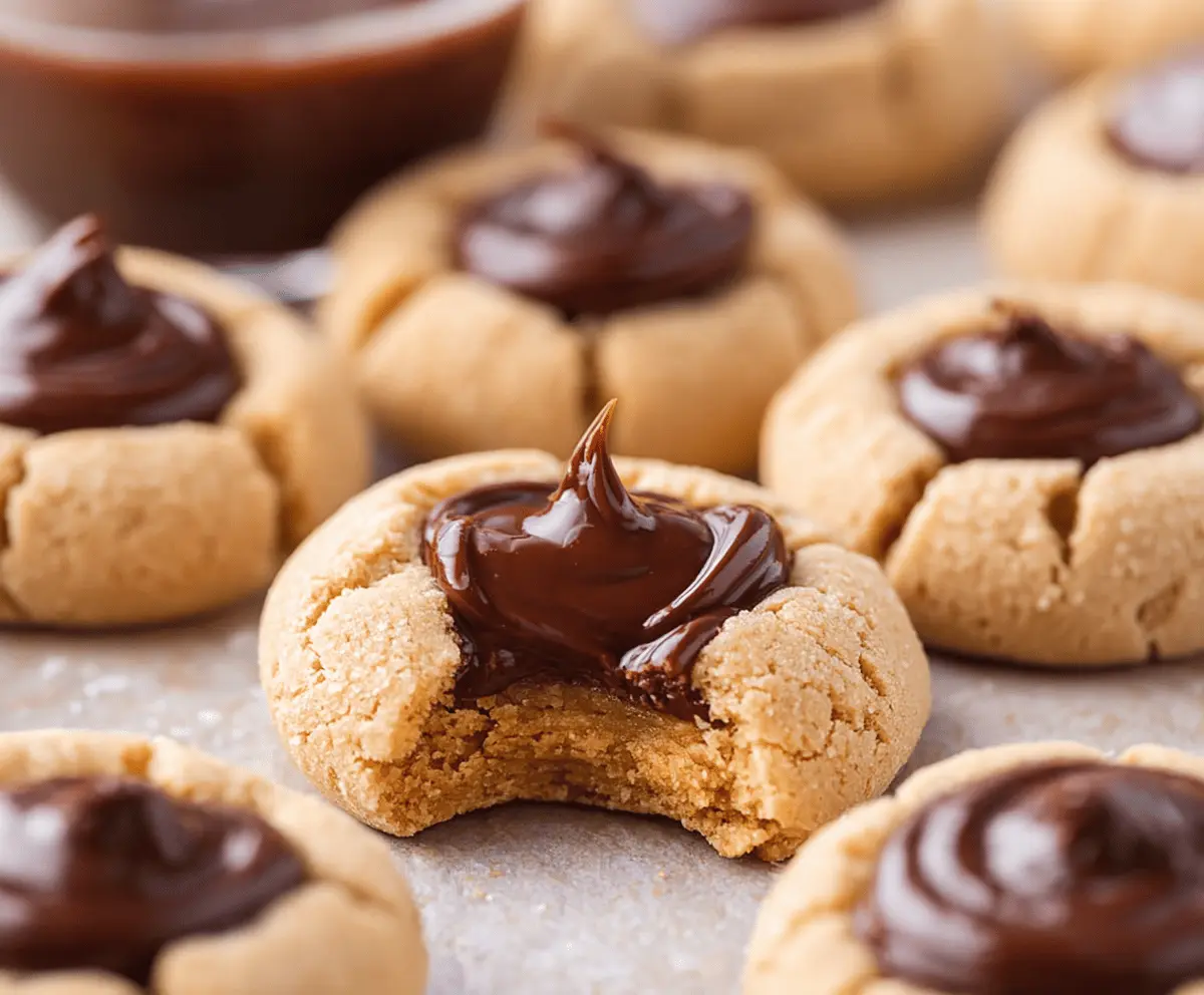 Delicious peanut butter thumbprint cookie with jam filling on a white plate