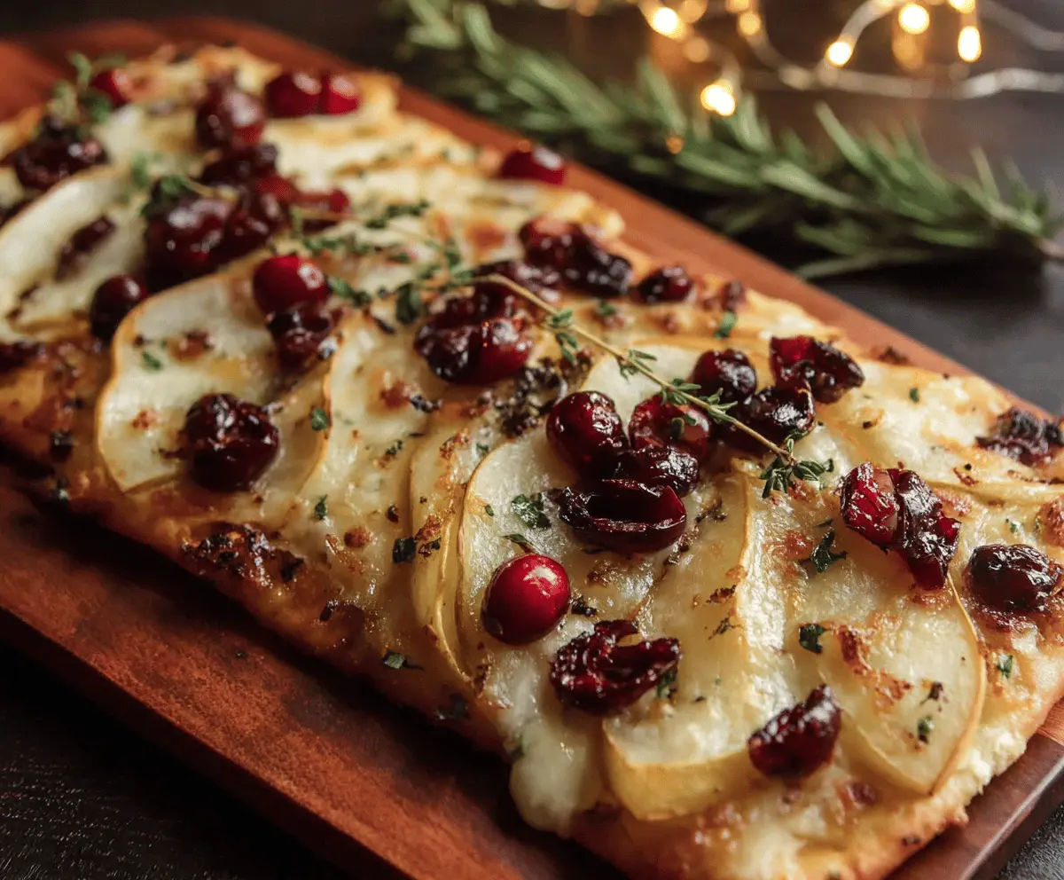 Delicious Pear, Brie, and Cranberry Flatbread with fresh ingredients and melted cheese.