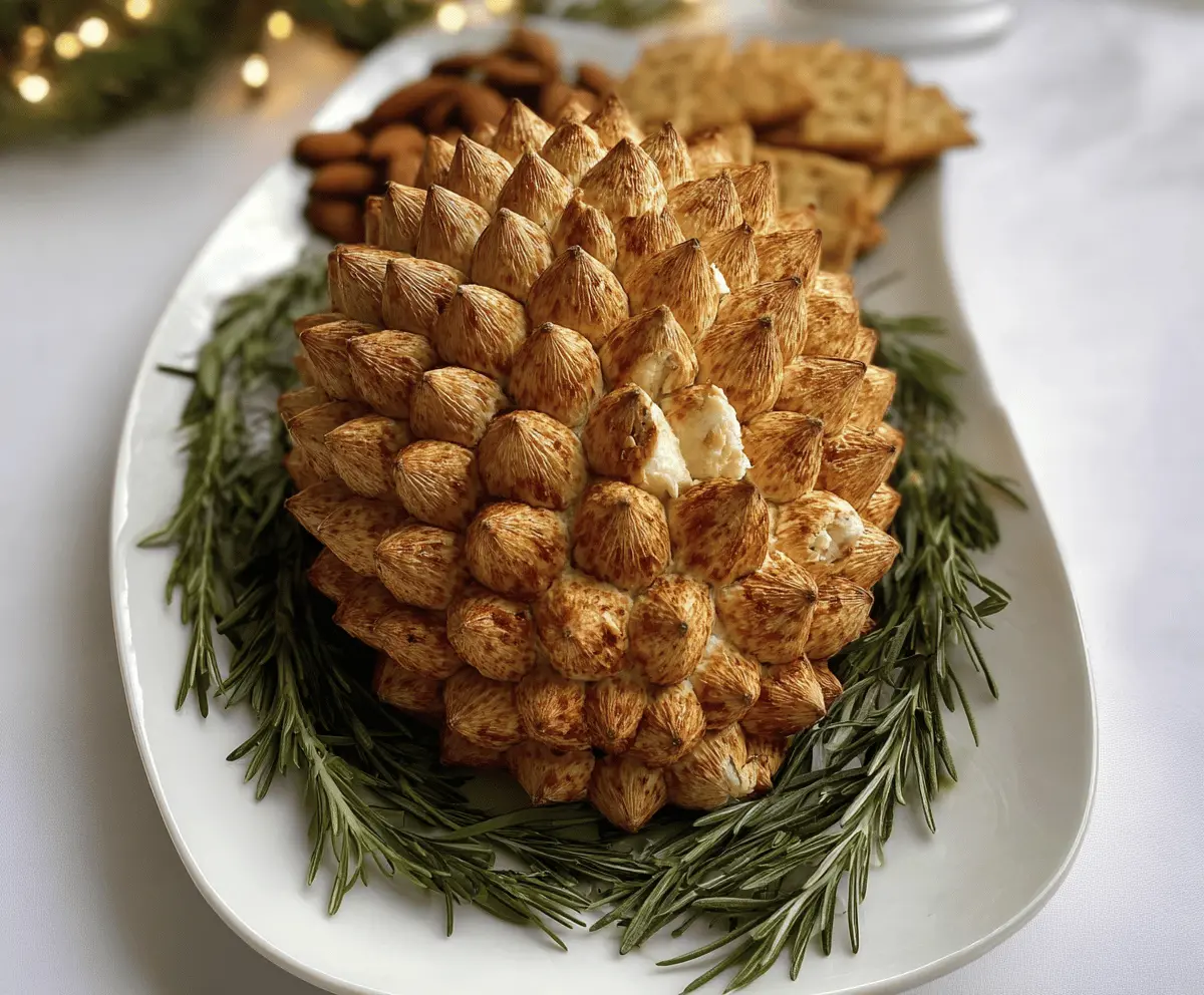 Delicious Pine Cone Cheese Ball appetizer garnished with herbs for a festive party platter