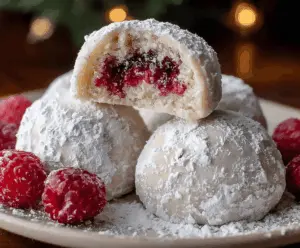 Delicious Raspberry-Filled Almond Snowball Cookies, powdered sugar-coated and ready to serve.