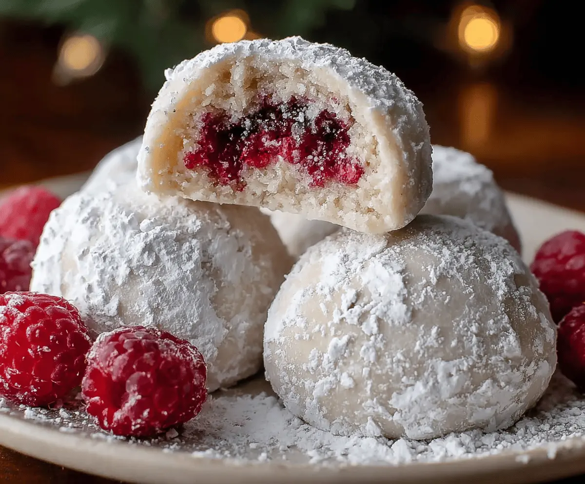 Delicious Raspberry-Filled Almond Snowball Cookies, powdered sugar-coated and ready to serve.