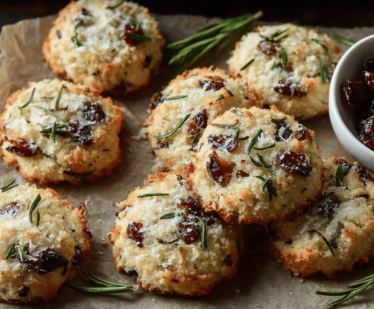 Savory cranberry rosemary parmesan cookies on a serving plate, perfect for appetizers or snacks.