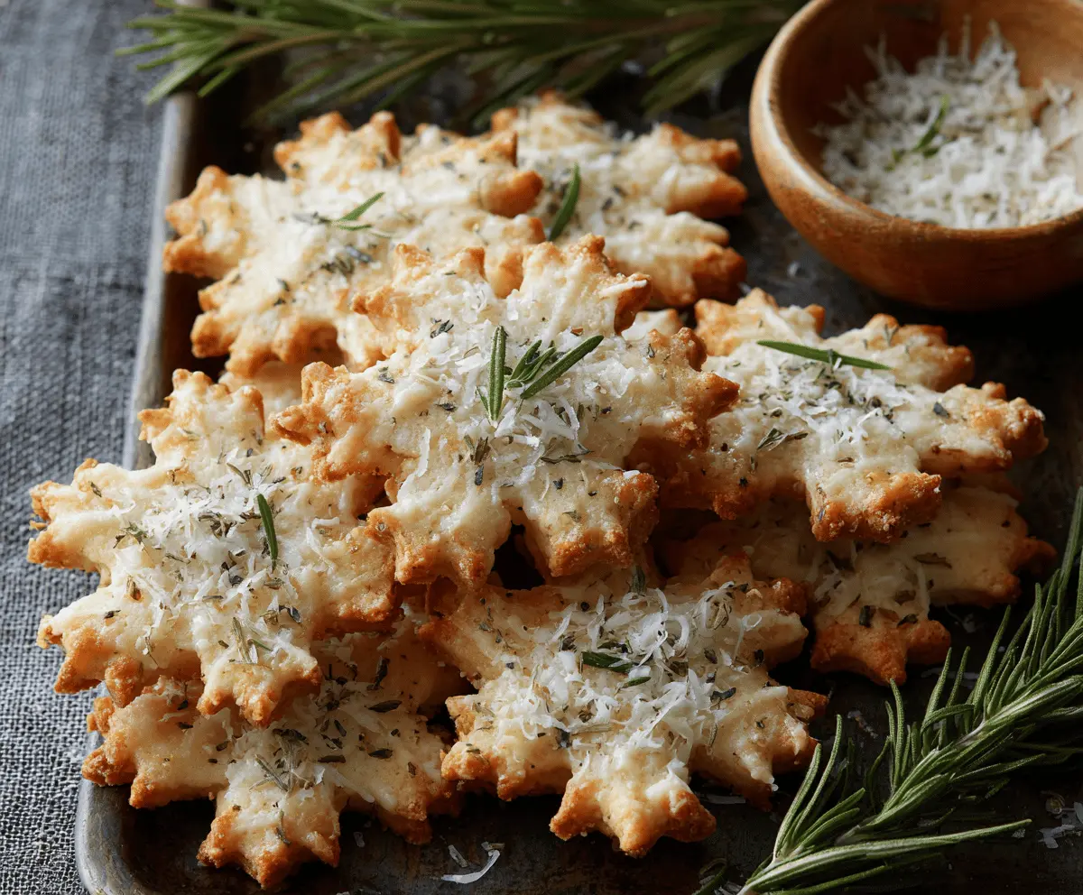 Savory Rosemary-Parmesan Snowflake Cookies on a festive platter, showcasing crispy, cheesy holiday treats.
