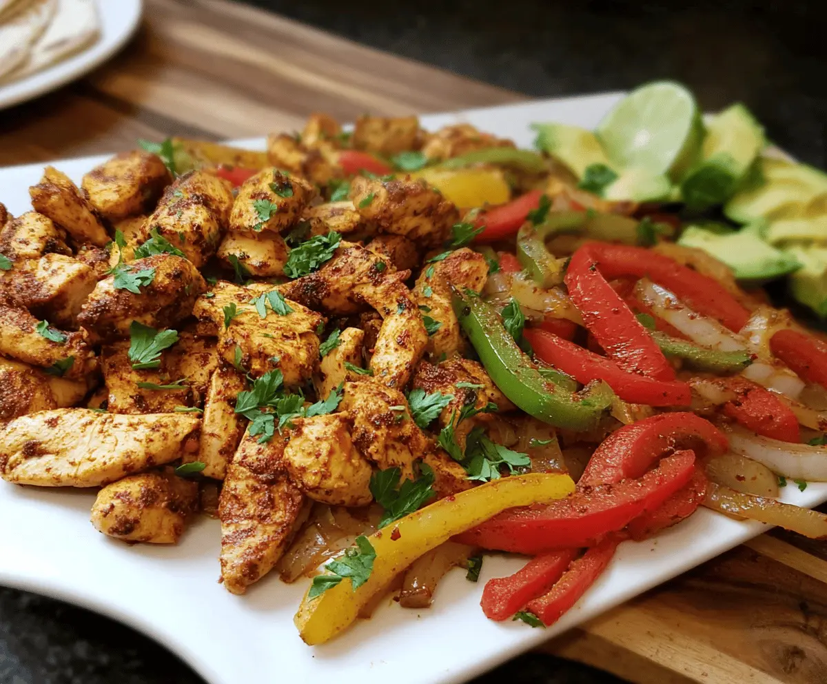 Colorful sheet pan chicken fajitas with sizzling peppers, onions, and seasoned chicken strips for a delicious Mexican-inspired meal.