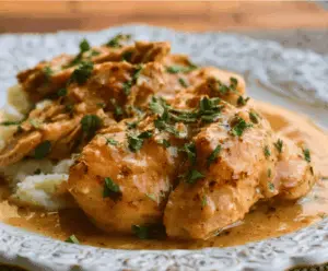 Delicious slow cooker honey mustard chicken served with fresh herbs and vegetables.