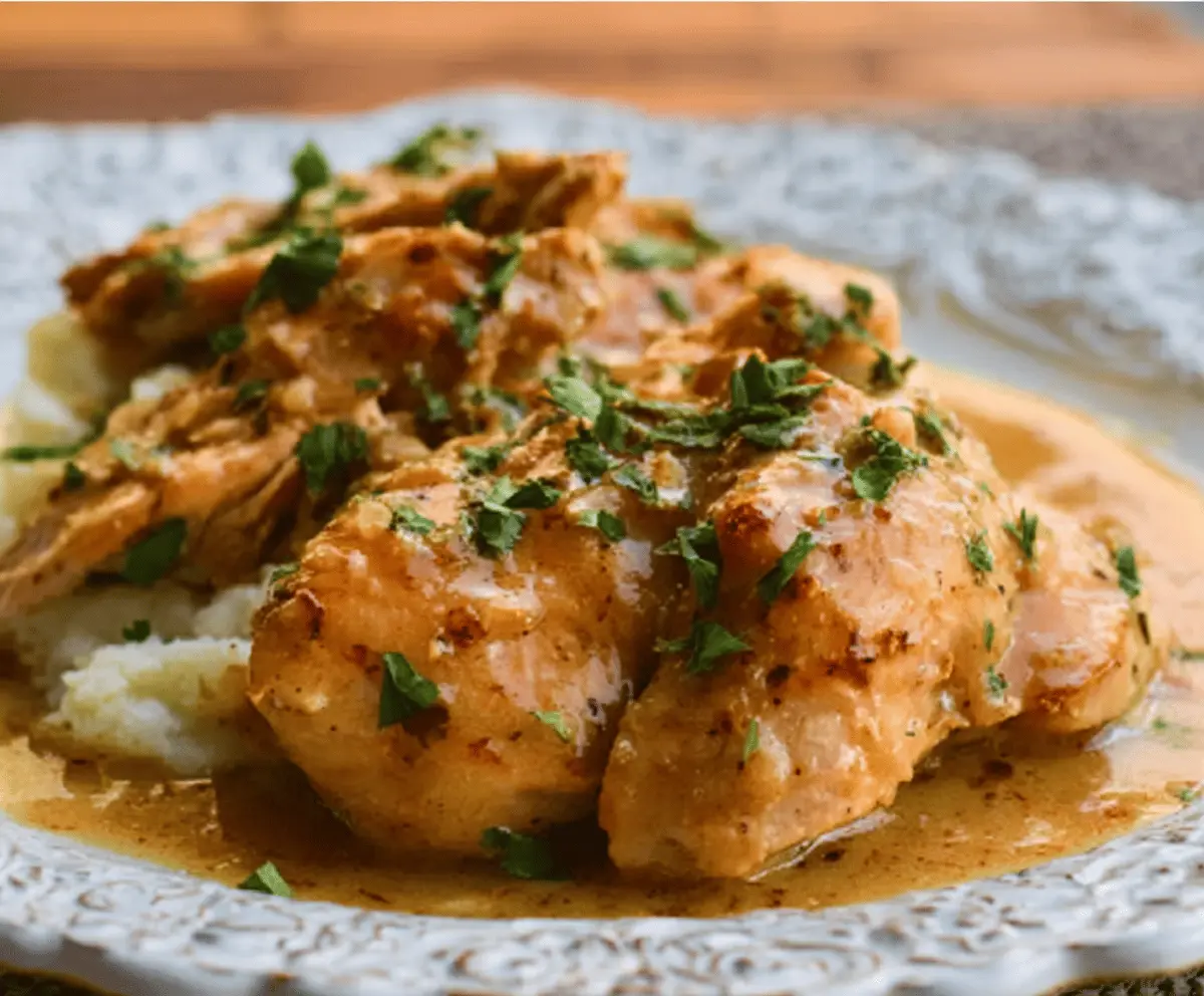 Delicious slow cooker honey mustard chicken served with fresh herbs and vegetables.