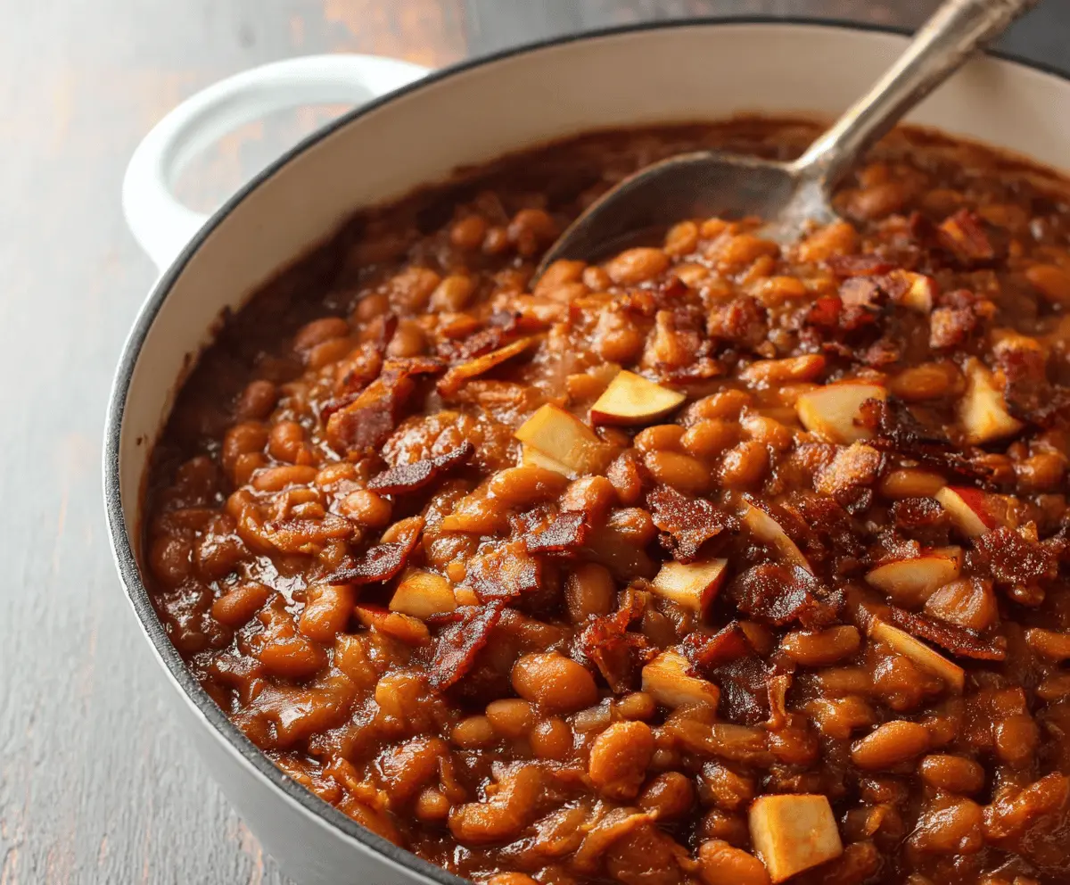 Smoky Bourbon Baked Beans with Apples and Bacon