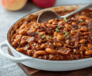 Delicious smoky bourbon baked beans with apples and crispy bacon served in a bowl.