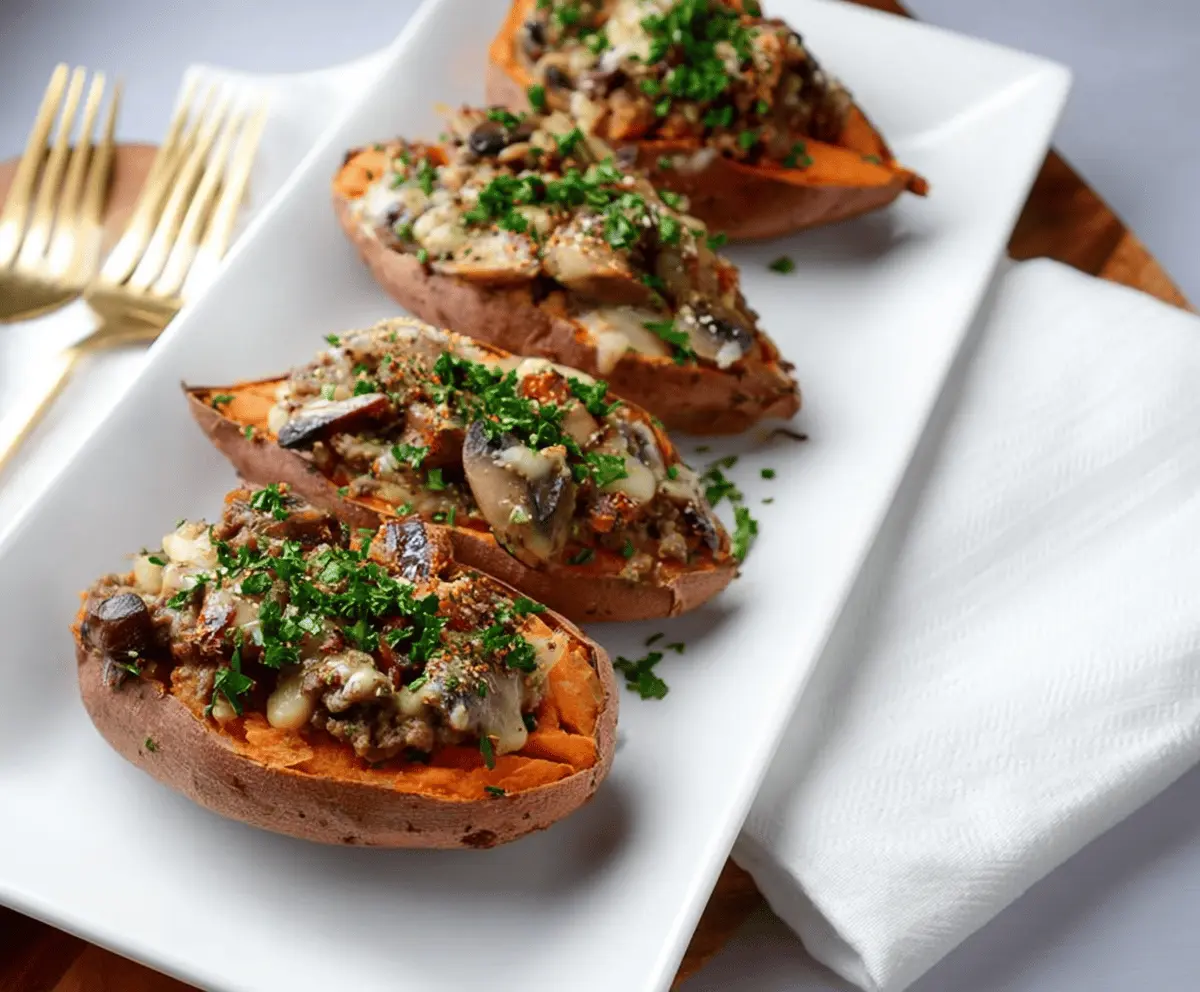 Delicious Stroganoff Stuffed Sweet Potatoes featuring creamy beef topping and colorful garnishes