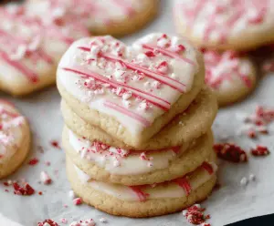 Delicious white chocolate dipped candy cane sugar cookies, perfect for festive holiday treats.