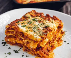 Delicious homemade lasagna layered with rich meat sauce and melted cheese, labeled as the world's best recipe.