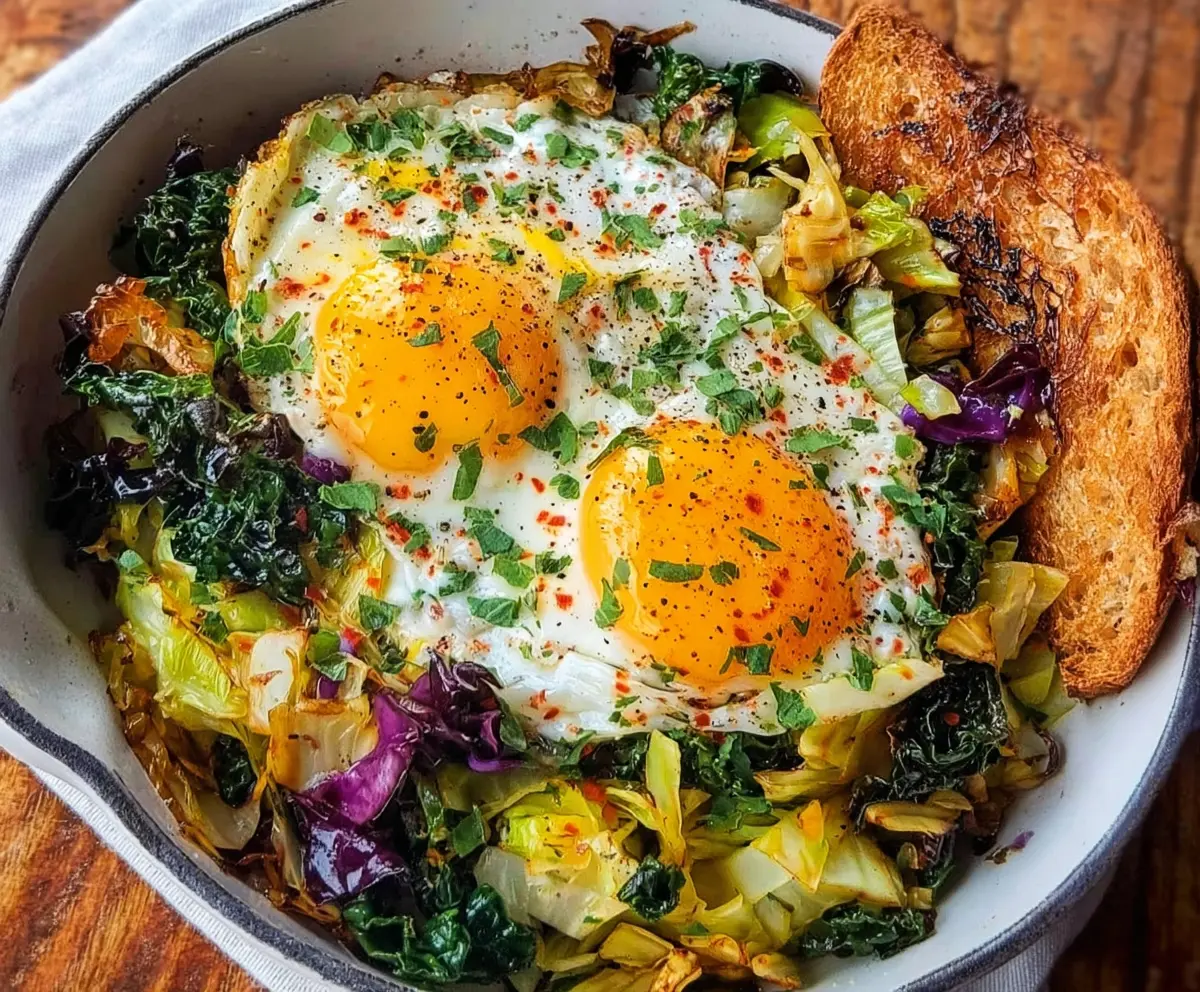 Delicious breakfast cabbage sauté with fresh vegetables and herbs.