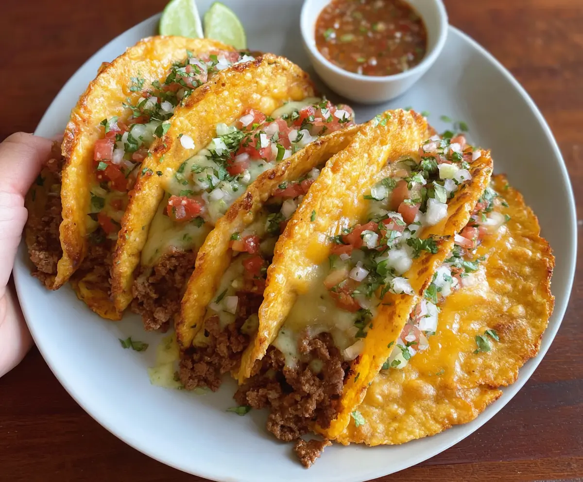Delicious Cheesy Rotel Tacos filled with melted cheese and seasoned meat on a plate.