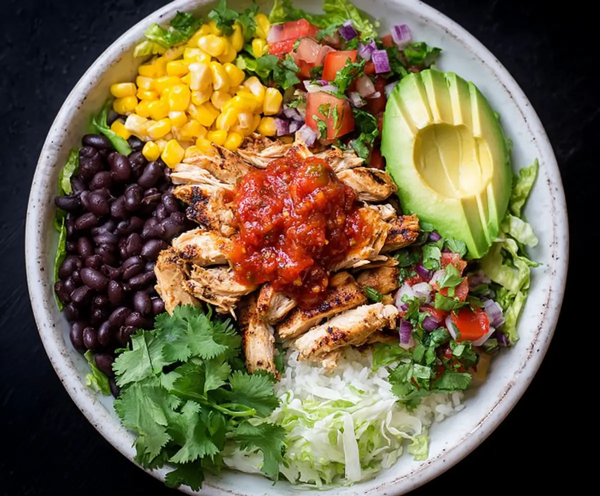 Delicious chicken burrito bowl with fresh vegetables and melted cheese