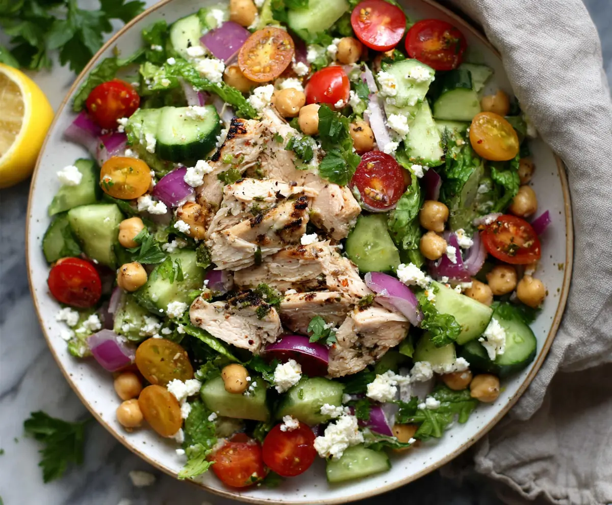 Healthy Chicken & Chickpea Power Salad with fresh vegetables and zesty dressing.