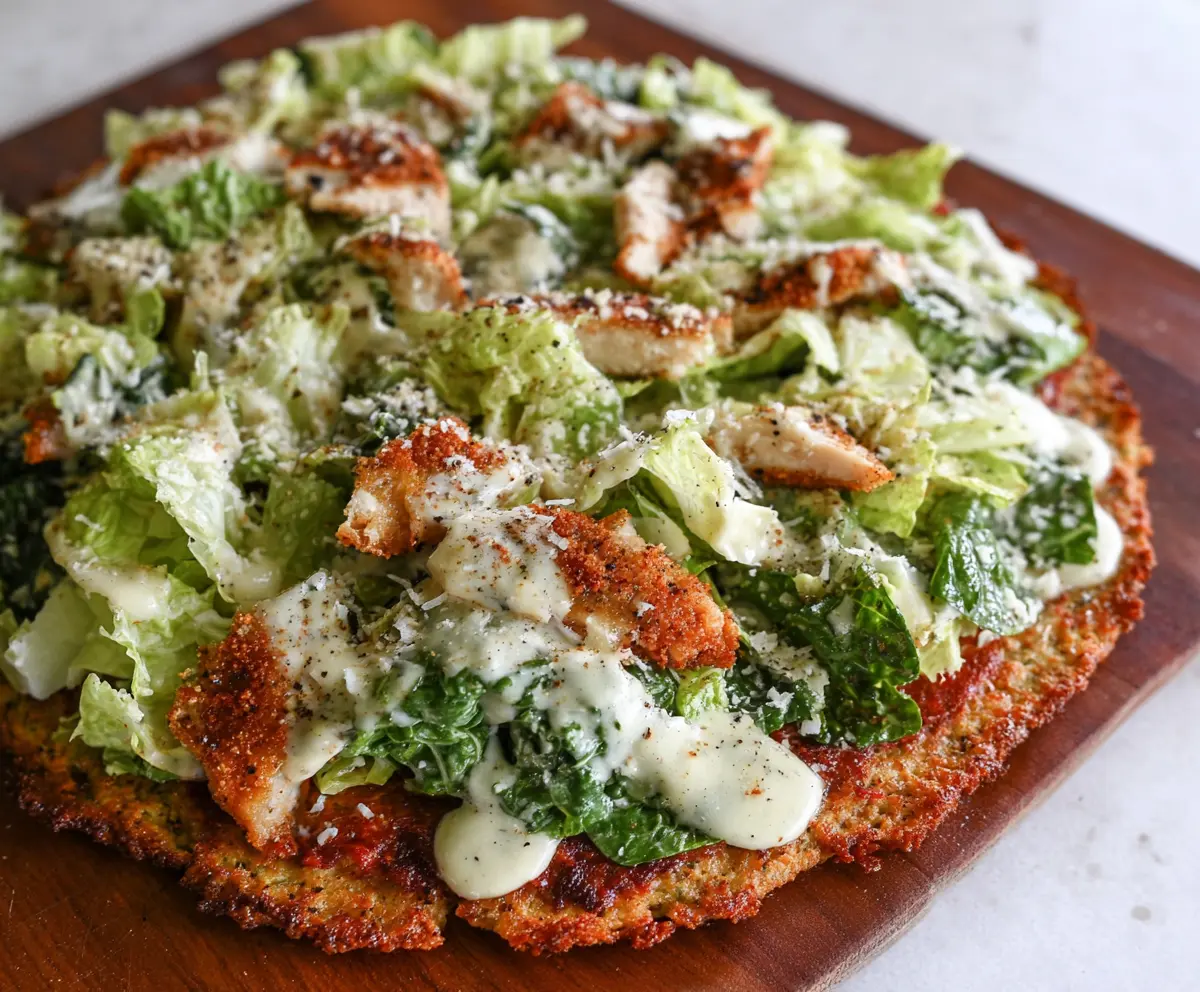 Delicious Chicken Crust Caesar Salad Pizza topped with fresh greens and parmesan cheese.