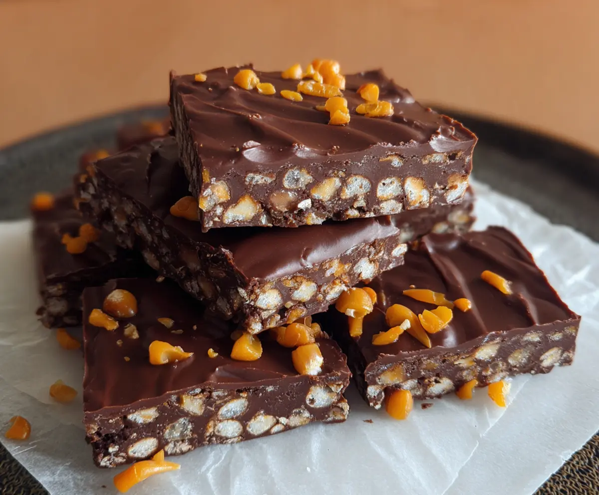 Delicious homemade Chocolate Fudge Crunch Bars with a glossy chocolate topping and crunchy texture.