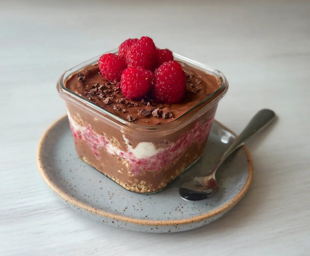 Delicious Chocolate Raspberry Overnight Weetbix served in a glass bowl with fresh raspberries and chocolate shavings